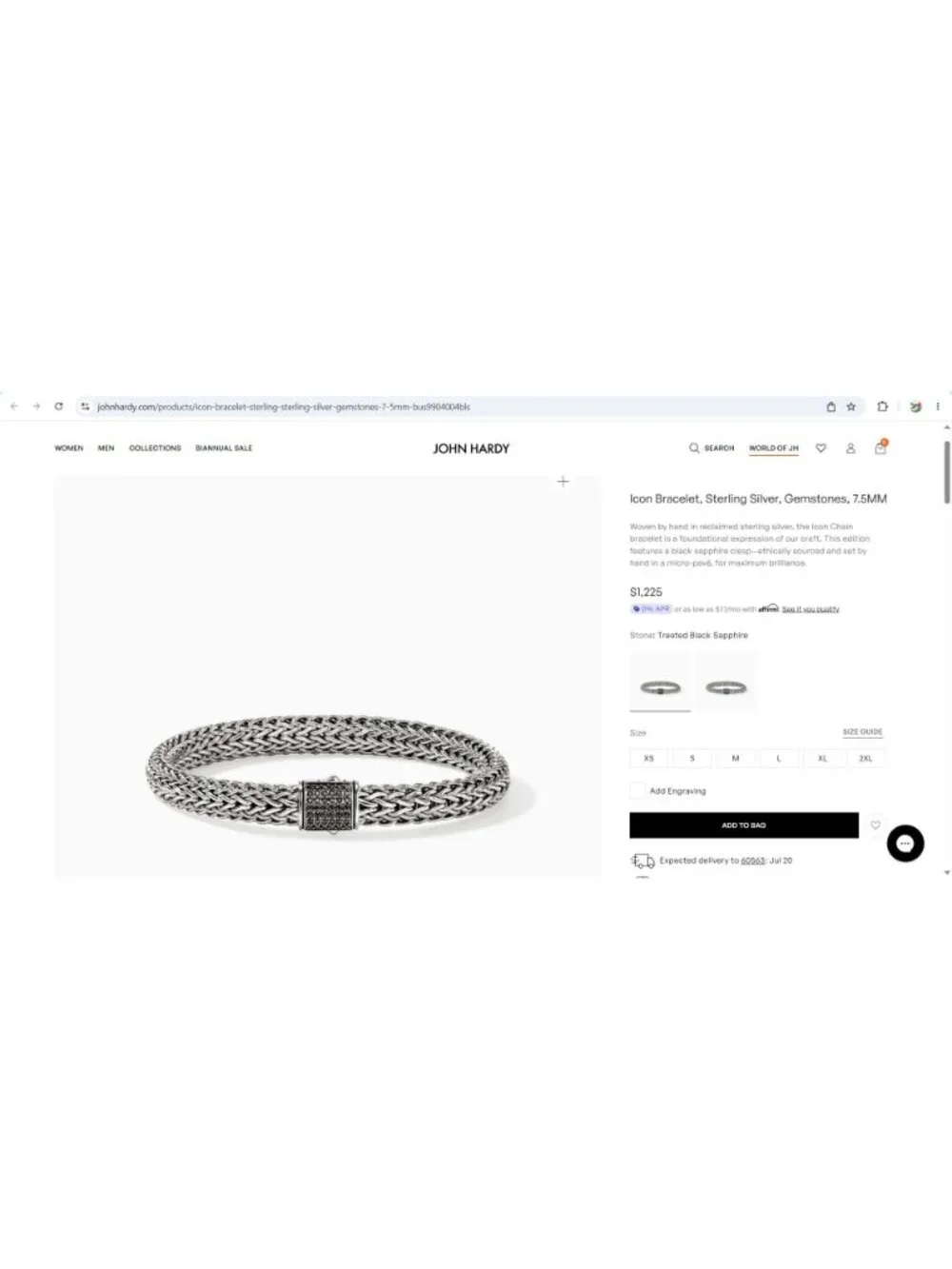 John Hardy 7.5mm Black Sapphire Icon Bracelet Sterling Silver Size M-L